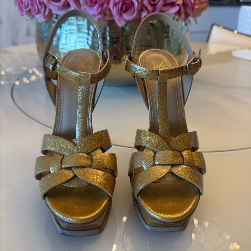 Yves Saint Laurent tribute antique patent Gold platform heels